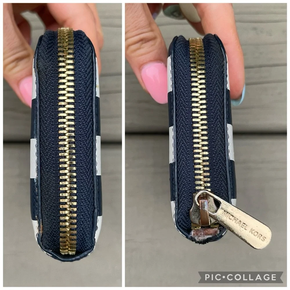Michael Kors Blue White Leather Striped Zip Around Wallet